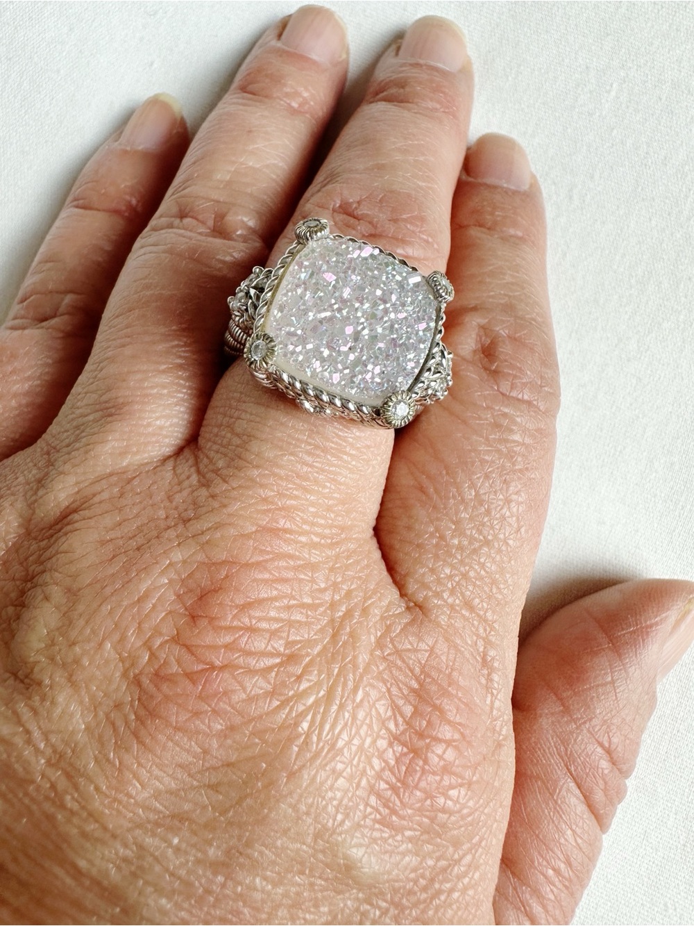 Judith Ripka 925 Sterling Silver Quartz Druzy Cocktail Ring Sz 8 Statement Bold - Picture 3 of 8